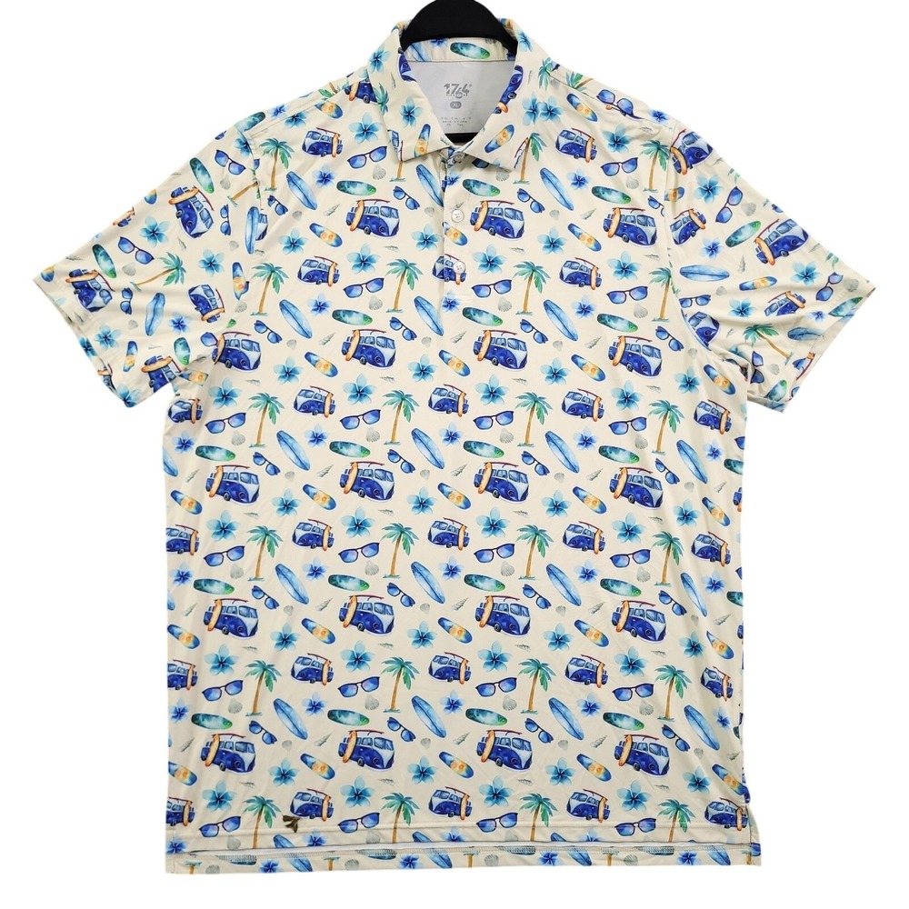 1764 Signature Polo Shirt Men XL Yellow Volkswagen Camper Van Beach Surf AOP